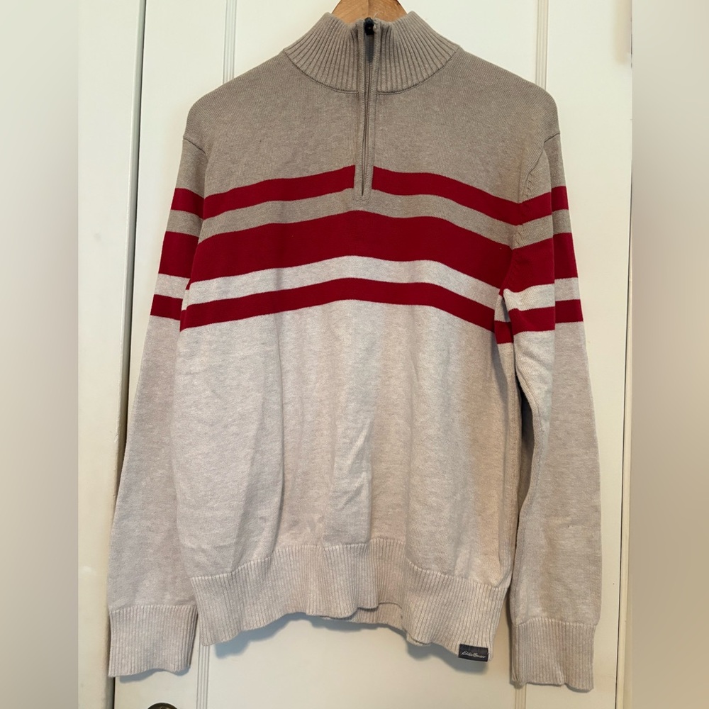 Eddie Bauer Cream and Red 1/4 Zip Up Sweater with Stripes